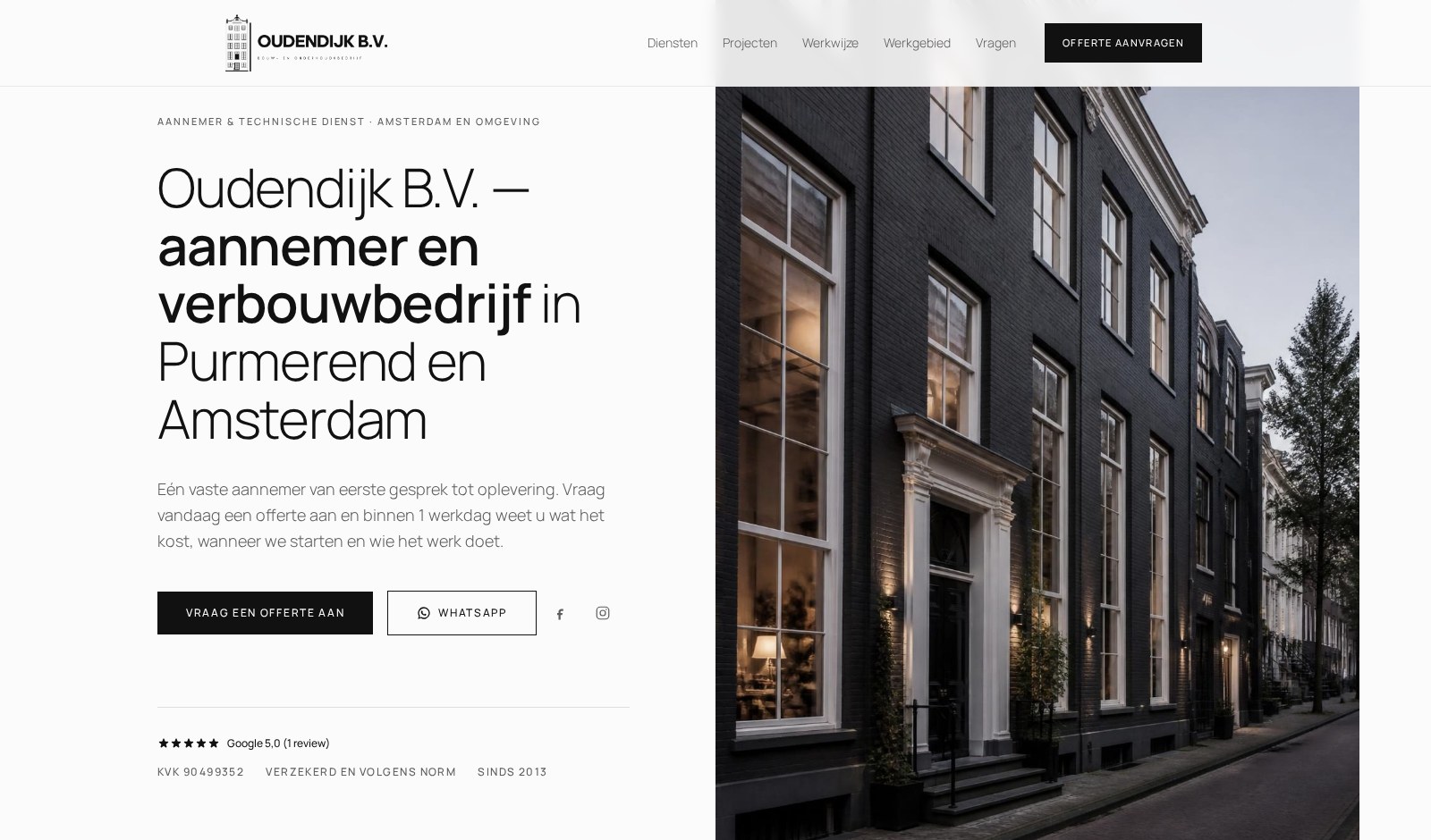 Homepage van de nieuwe Oudendijk B.V. website met hero en offerte-knop